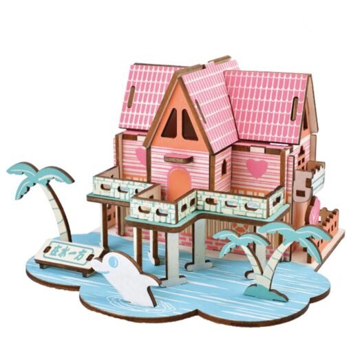 Light Pink 3D Woodcraft Puzzle Assembly House Kit Model Building Educational Toy for Kids Gift