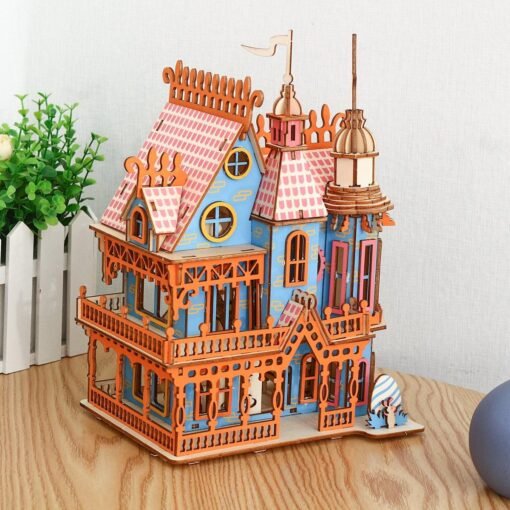 Beige 174PCS 3D Wooden Laser Cutting Dream Villa Three-dimensional Assembly Puzzle Model Educational Toys for Kids Gift