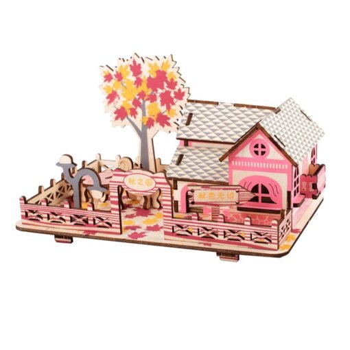 Light Pink 3D Woodcraft Puzzle Assembly House Kit Model Building Educational Toy for Kids Gift