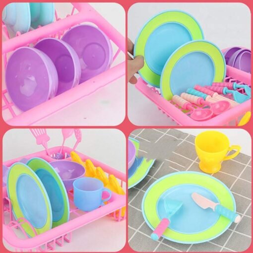 Pink 21PCS Kids Pretend Play Dishes Kitchen Playset Wash & Dry Tableware Rack Toys