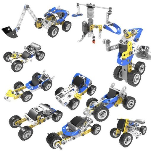 Royal Blue 113 Pcs 10 IN 1 DIY Handmade Assembly Electric Motor Soft Rubber Building Blocks Car Model Toy for Kids Gift