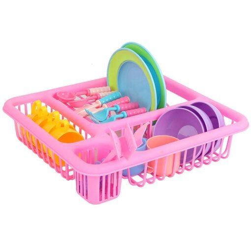 Pink 21PCS Kids Pretend Play Dishes Kitchen Playset Wash & Dry Tableware Rack Toys