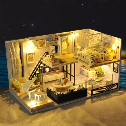 Wooden Time Shallow Shadow DIY Handmade Assemble Miniature Doll House Kit Toy with Furniture 6 LED Lights Music and Glass Dust Cover for Gift Collection - Toys Ace
