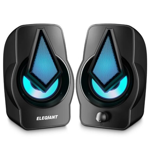 Steel Blue ELEGIANT PC Speakers 2.0 USB Powered Stereo Volume Control with LED Light Mini Portable Gaming Speakers 3.5mm for PC Cellphone Tablets Desktop Laptop
