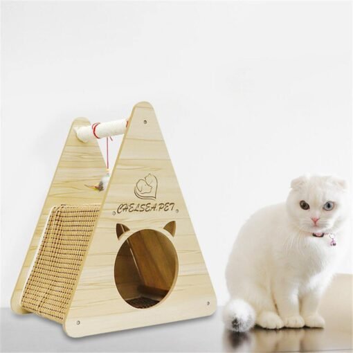 Natural Wood Pet Cat Pyramid House Bed Indoor Climbing Frame Kitty Cat Playing Tunnel With 2 Toys