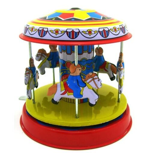 Royal Blue Classic Vintage Clockwork Wind Up  Merry-Go-Round Children Kids Tin Toys With Key