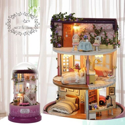 Beautiful Cabins DIY Doll House Miniature Rotating Music Kit With Transparent Cover Musical Core Gift(Meet At The Corner/Snowy Wonderland/Garden Diary/Dream Of Sky/Forest Whim) - Toys Ace