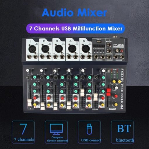 Dark Slate Gray J.I.Y F7 25W 7 Channel 3-Band EQ AUX Output 48V Phantom Power Bluetooth Audio Mixer