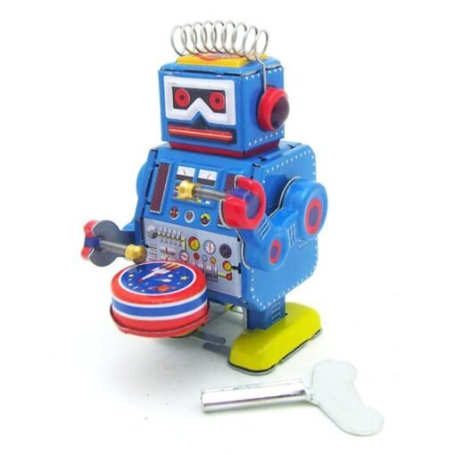 Cornflower Blue Classic Vintage Clockwork Wind Up Drum Playing Robot  Reminiscence Children Kids Tin Toys With Key