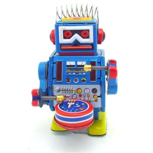 Royal Blue Classic Vintage Clockwork Wind Up Drum Playing Robot  Reminiscence Children Kids Tin Toys With Key